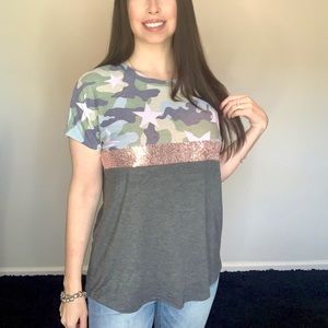 New color block camo camouflage sequin top shirt